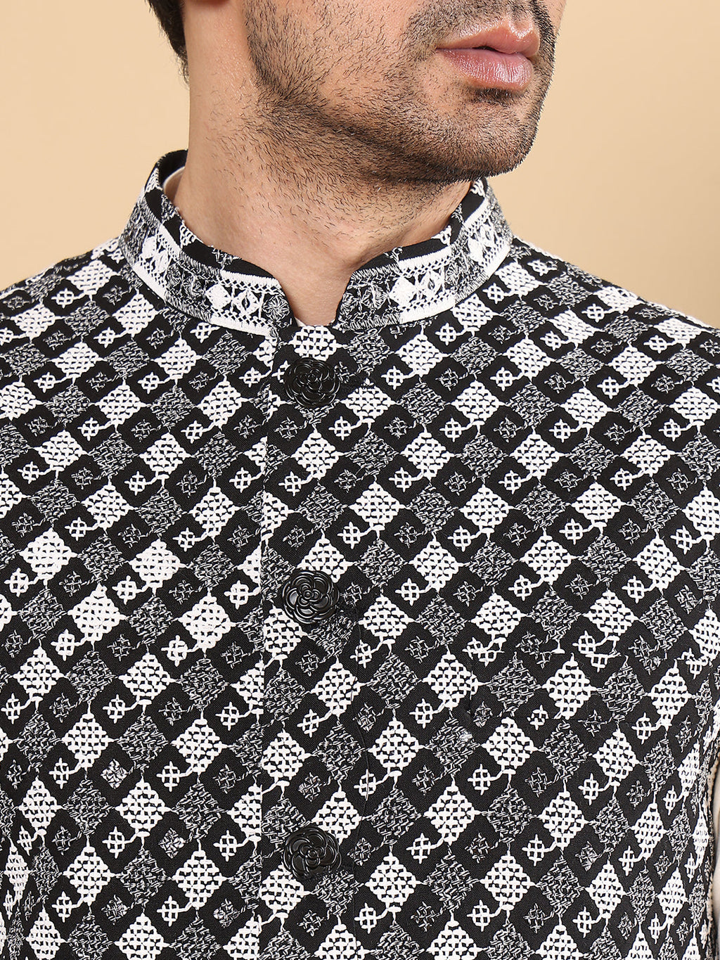 MULTI SHADES Men's Woven Design Black And White Embroidered Nehru Jacket | Grocsy