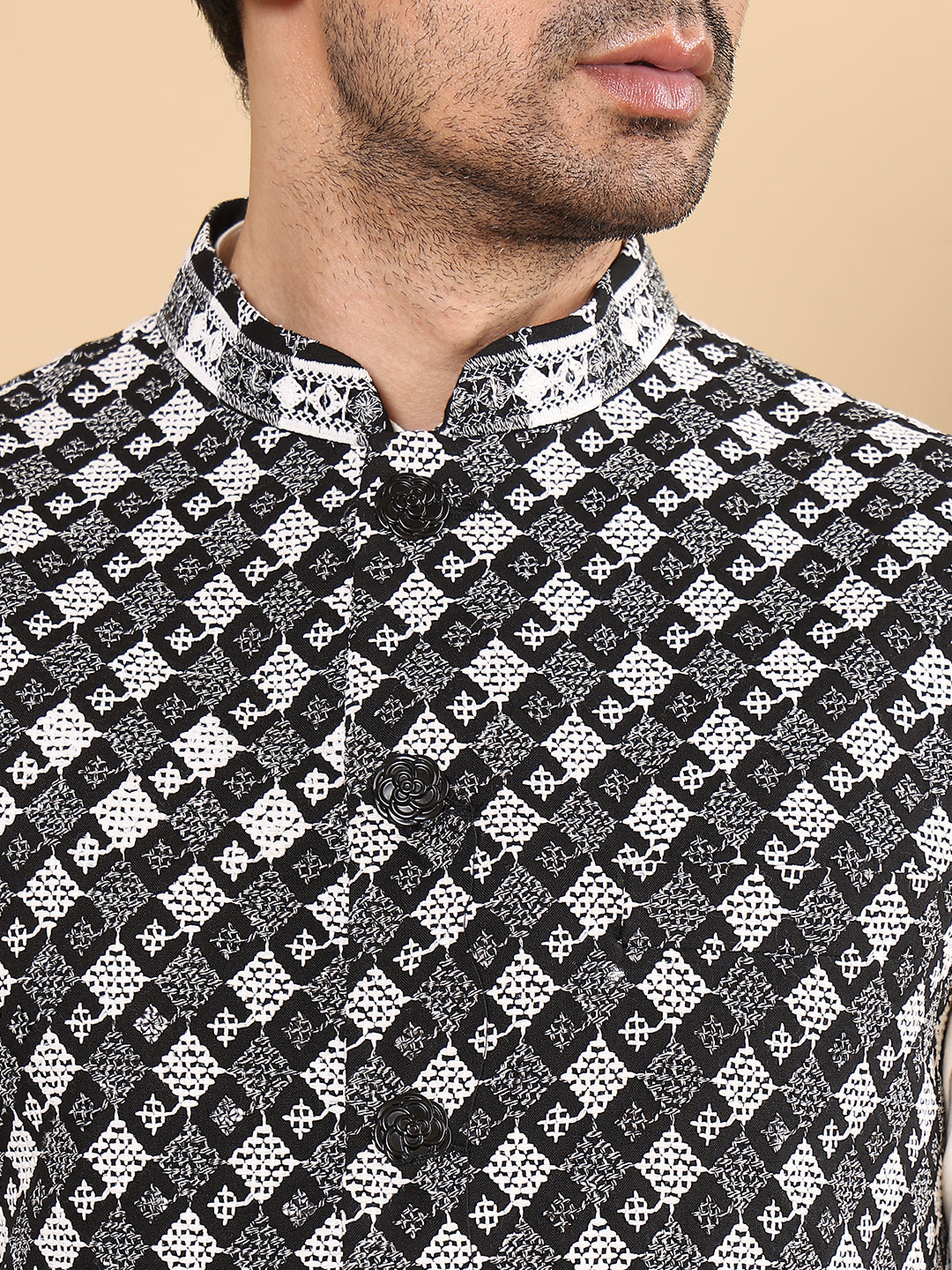 MULTI SHADES Men's Woven Design Black And White Embroidered Nehru Jacket | Grocsy