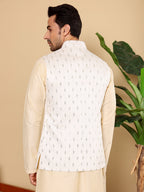 MULTI SHADES Men's Woven Design White Embroidered Nehru Jacket | Grocsy