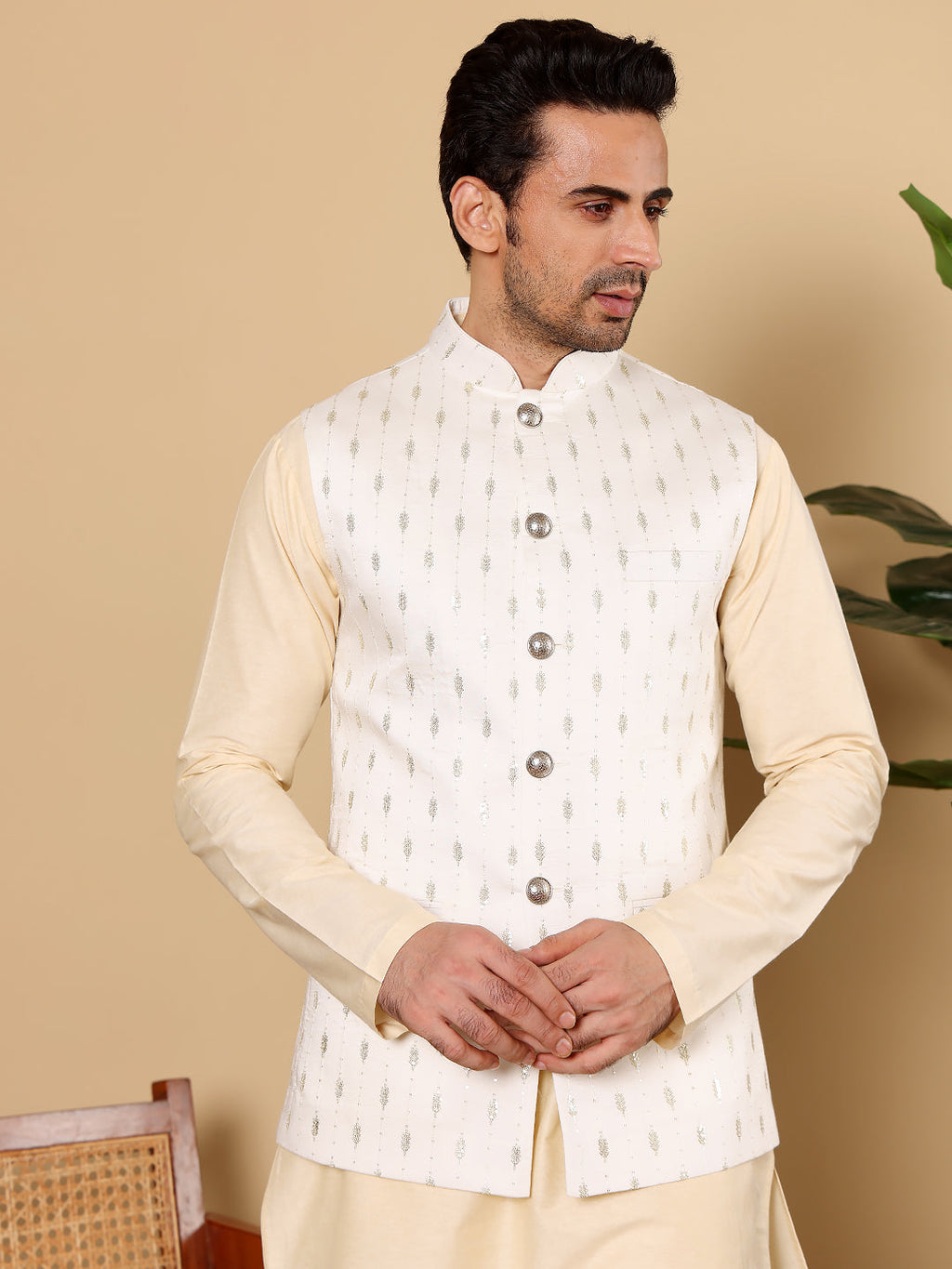 MULTI SHADES Men's Woven Design White Embroidered Nehru Jacket | Grocsy
