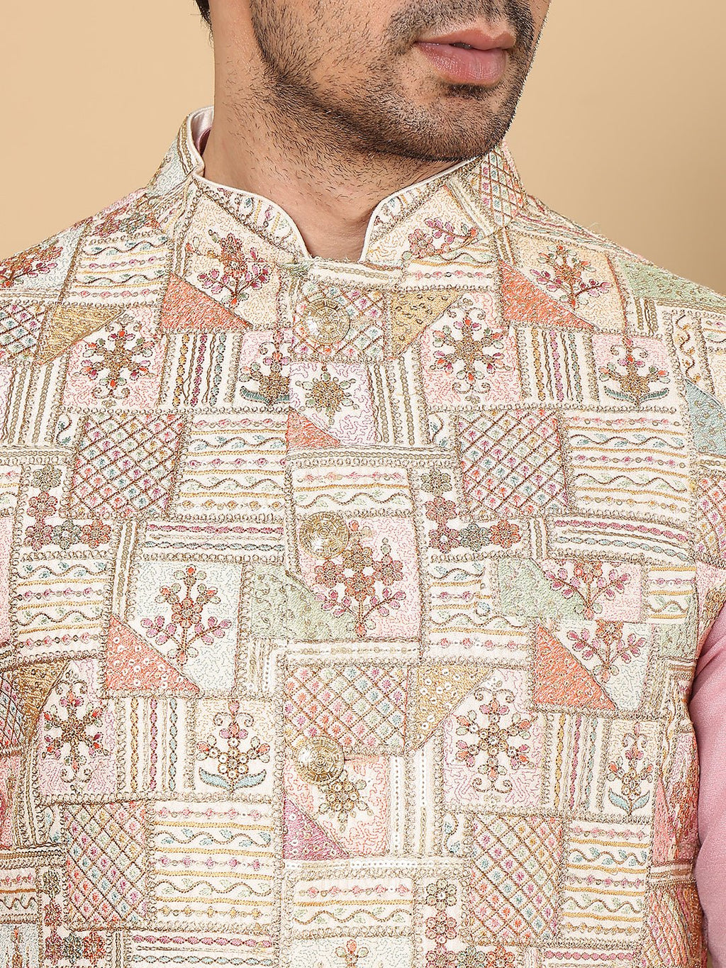MULTI SHADES Men's Woven Design Multi Colour Embroidered Nehru Jacket | Grocsy