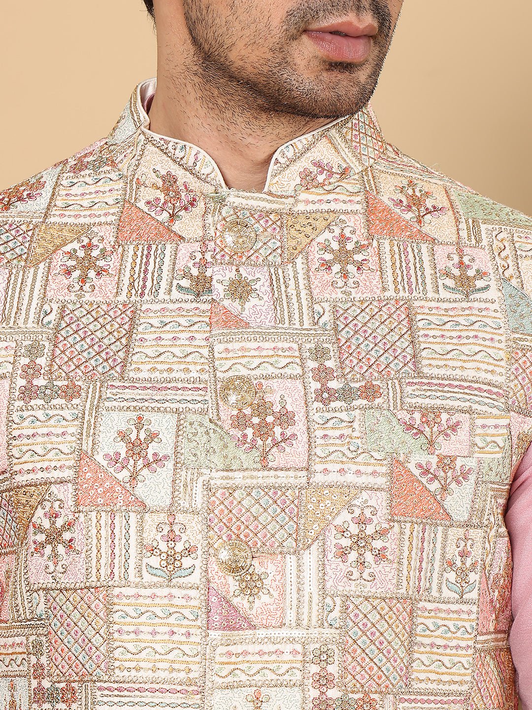 MULTI SHADES Men's Woven Design Multi Colour Embroidered Nehru Jacket | Grocsy