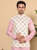 MULTI SHADES Men's Woven Design White Embroidered Nehru Jacket | Grocsy