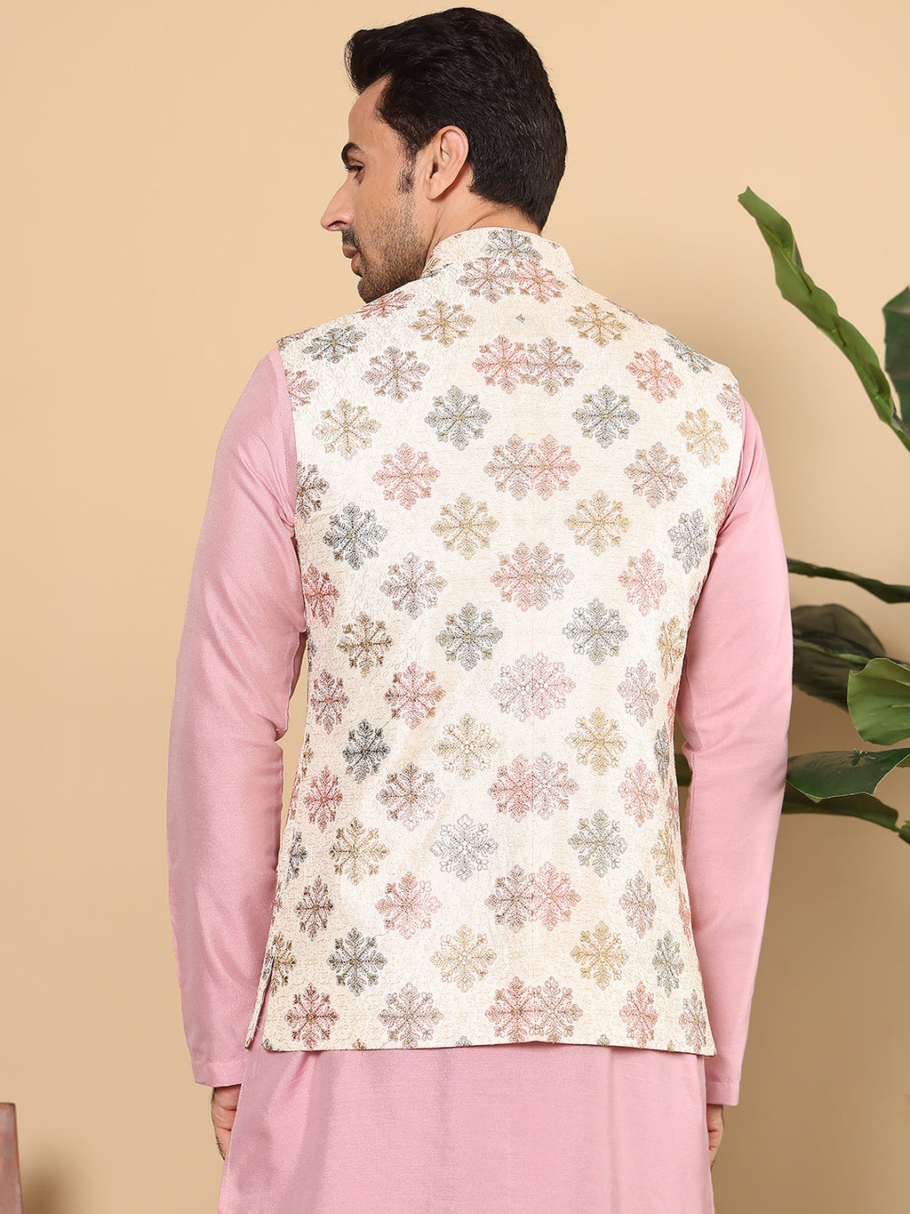MULTI SHADES Men's Woven Design White Embroidered Nehru Jacket | Grocsy