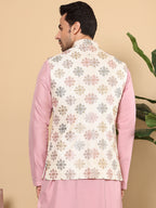 MULTI SHADES Men's Woven Design White Embroidered Nehru Jacket | Grocsy