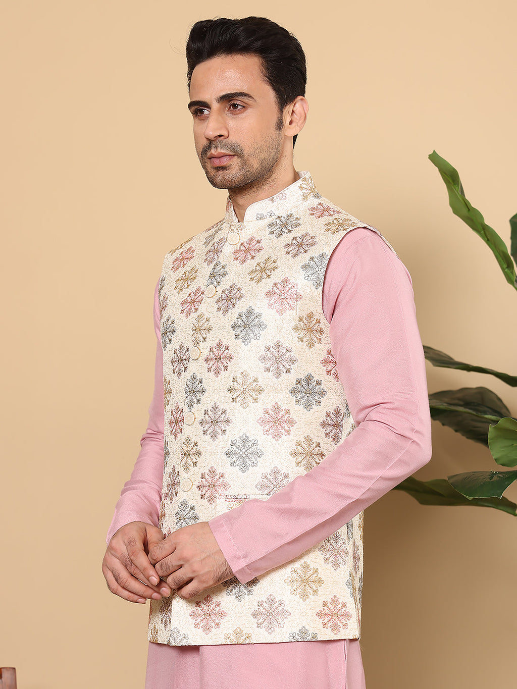 MULTI SHADES Men's Woven Design White Embroidered Nehru Jacket | Grocsy