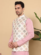 MULTI SHADES Men's Woven Design White Embroidered Nehru Jacket | Grocsy