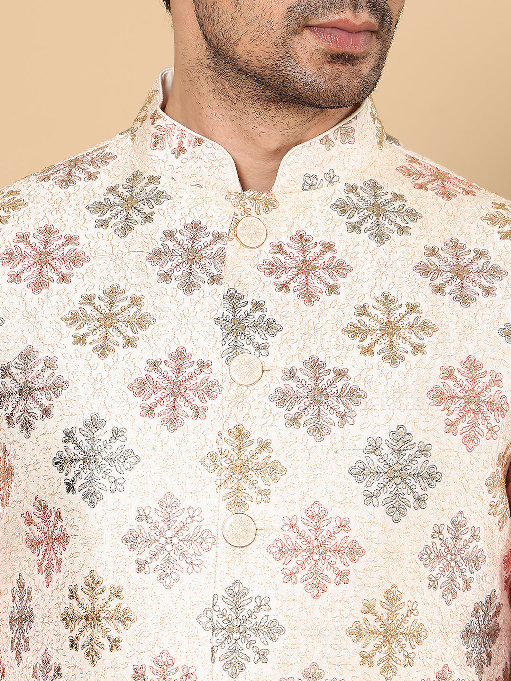 MULTI SHADES Men's Woven Design White Embroidered Nehru Jacket | Grocsy