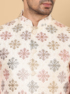 MULTI SHADES Men's Woven Design White Embroidered Nehru Jacket | Grocsy