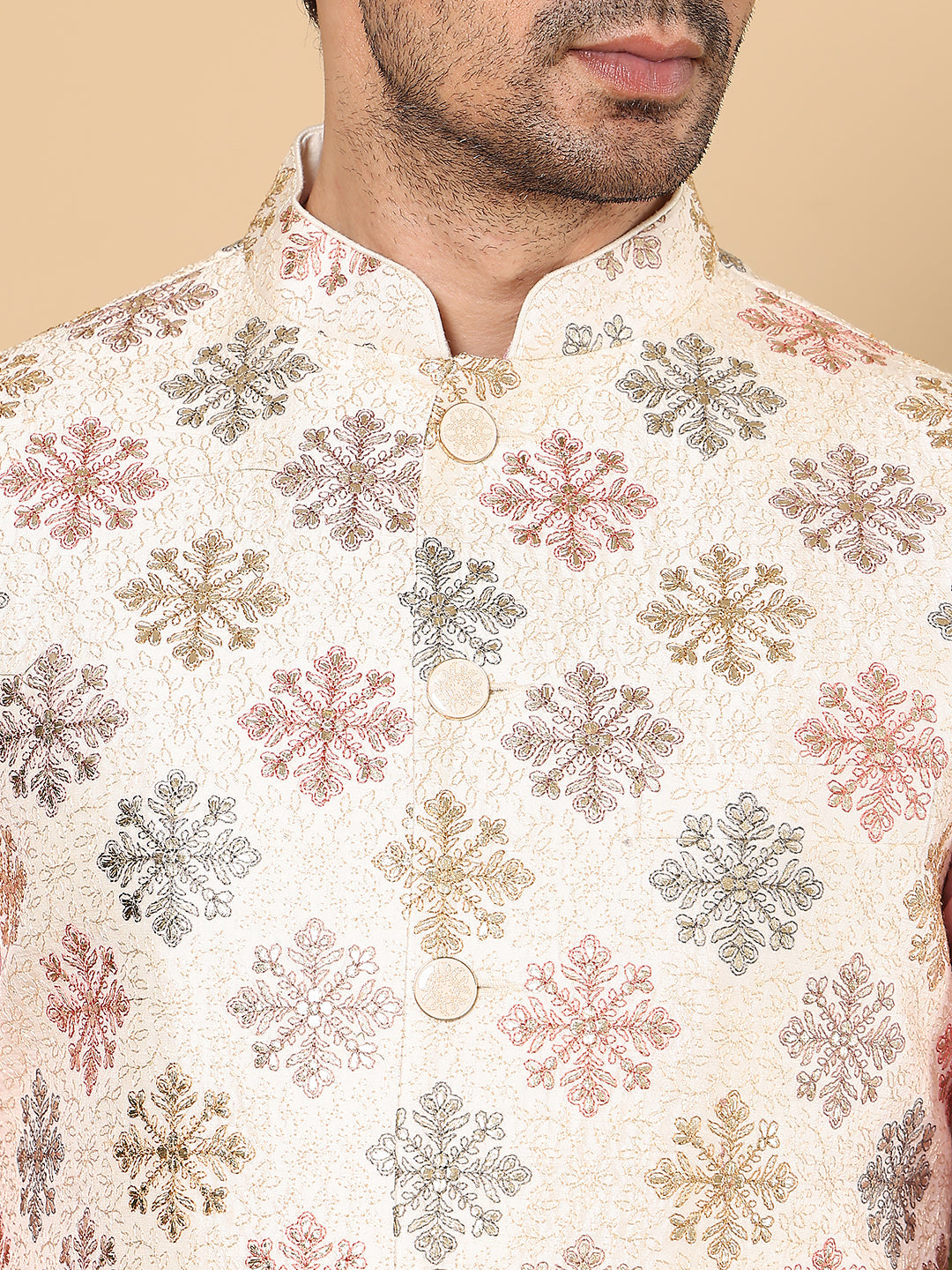 MULTI SHADES Men's Woven Design White Embroidered Nehru Jacket | Grocsy