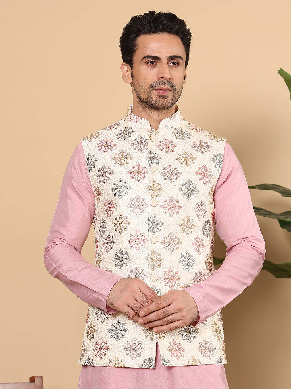 MULTI SHADES Men's Woven Design White Embroidered Nehru Jacket | Grocsy