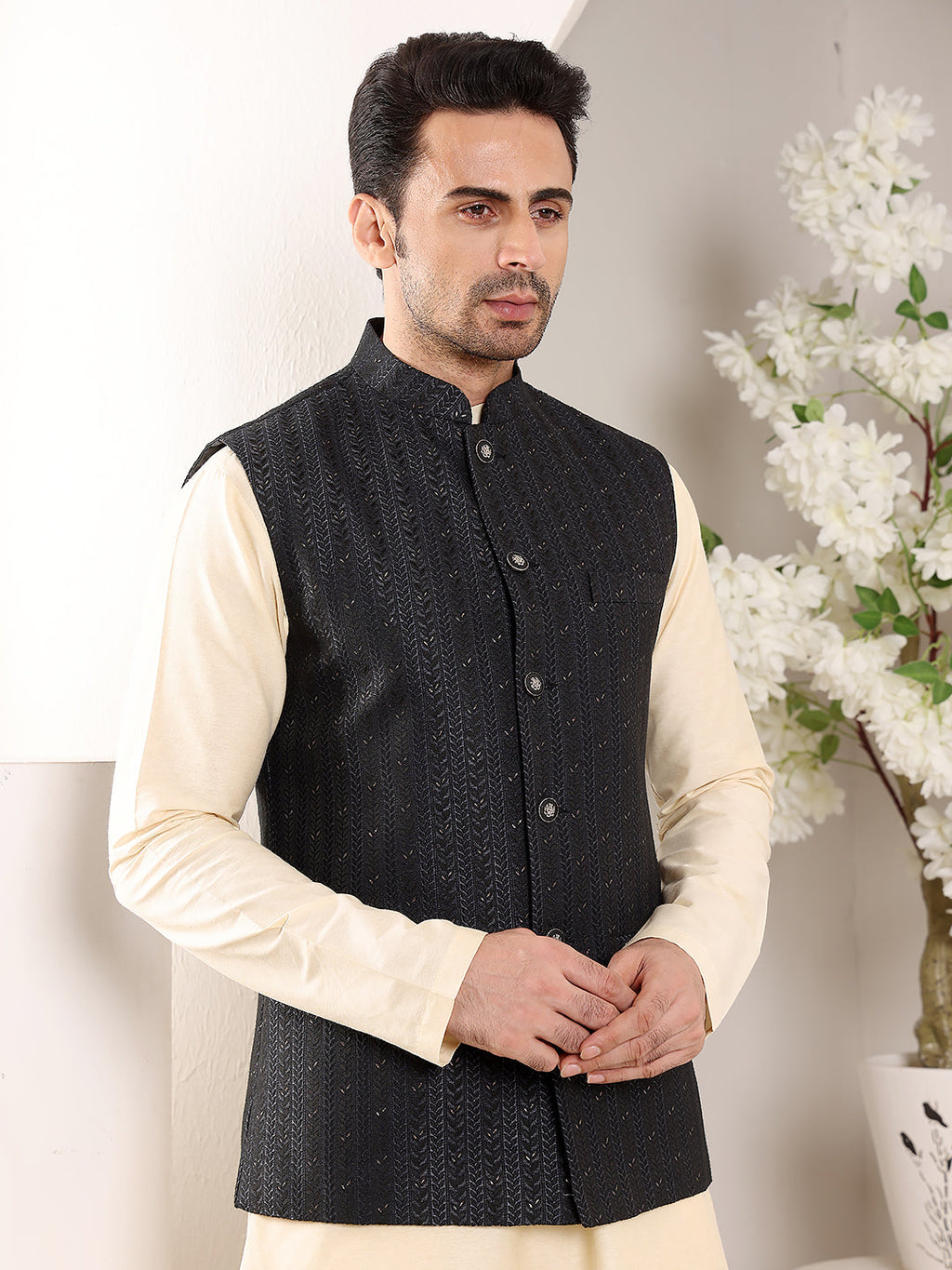 MULTI SHADES Men's Woven Design Black Embroidered Nehru Jacket | Grocsy