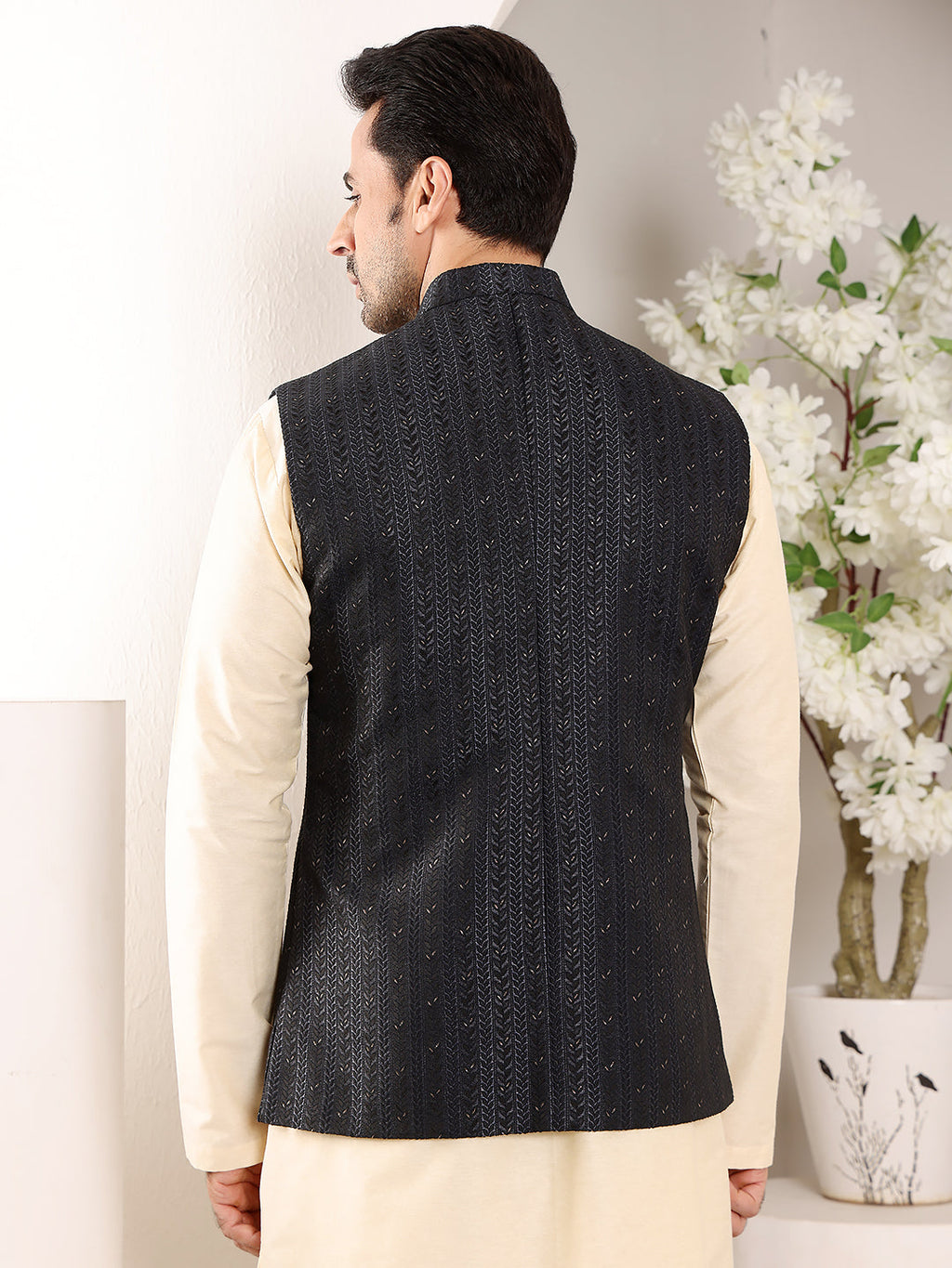 MULTI SHADES Men's Woven Design Black Embroidered Nehru Jacket | Grocsy