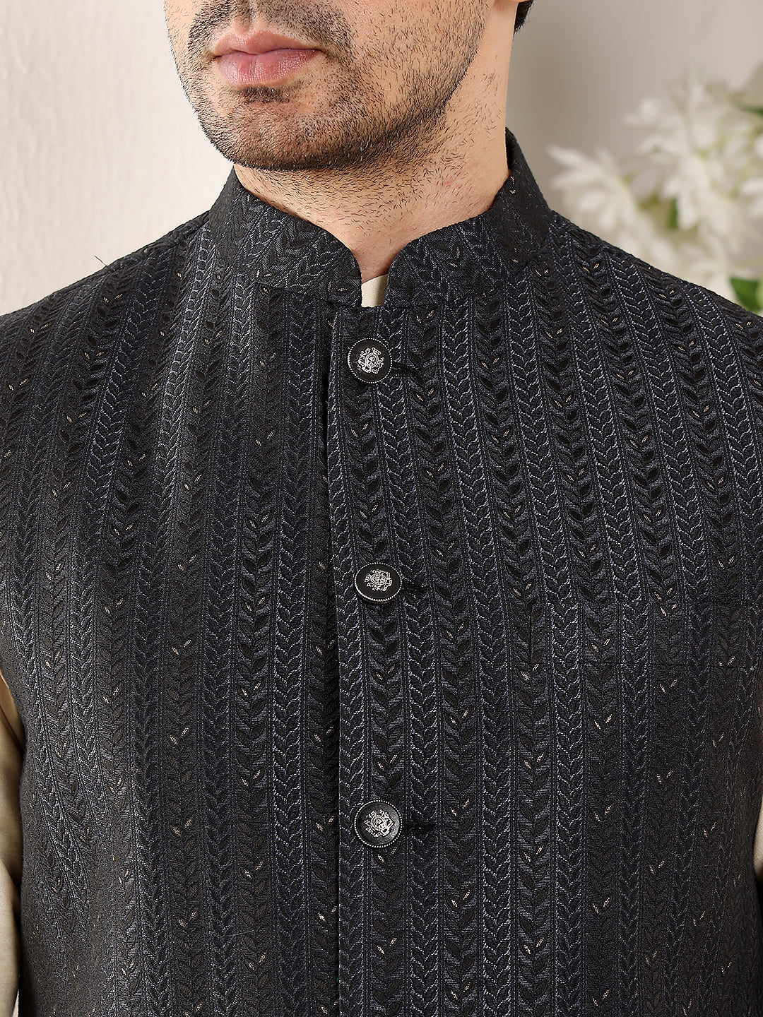 MULTI SHADES Men's Woven Design Black Embroidered Nehru Jacket | Grocsy