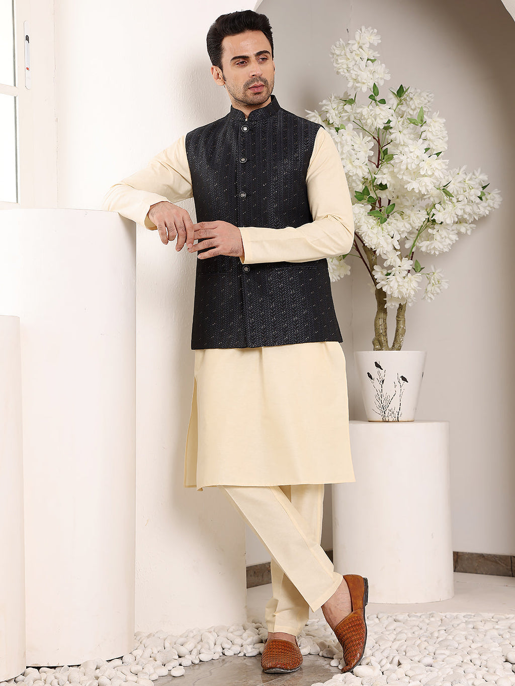 MULTI SHADES Men's Woven Design Black Embroidered Nehru Jacket | Grocsy