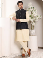 MULTI SHADES Men's Woven Design Black Embroidered Nehru Jacket | Grocsy