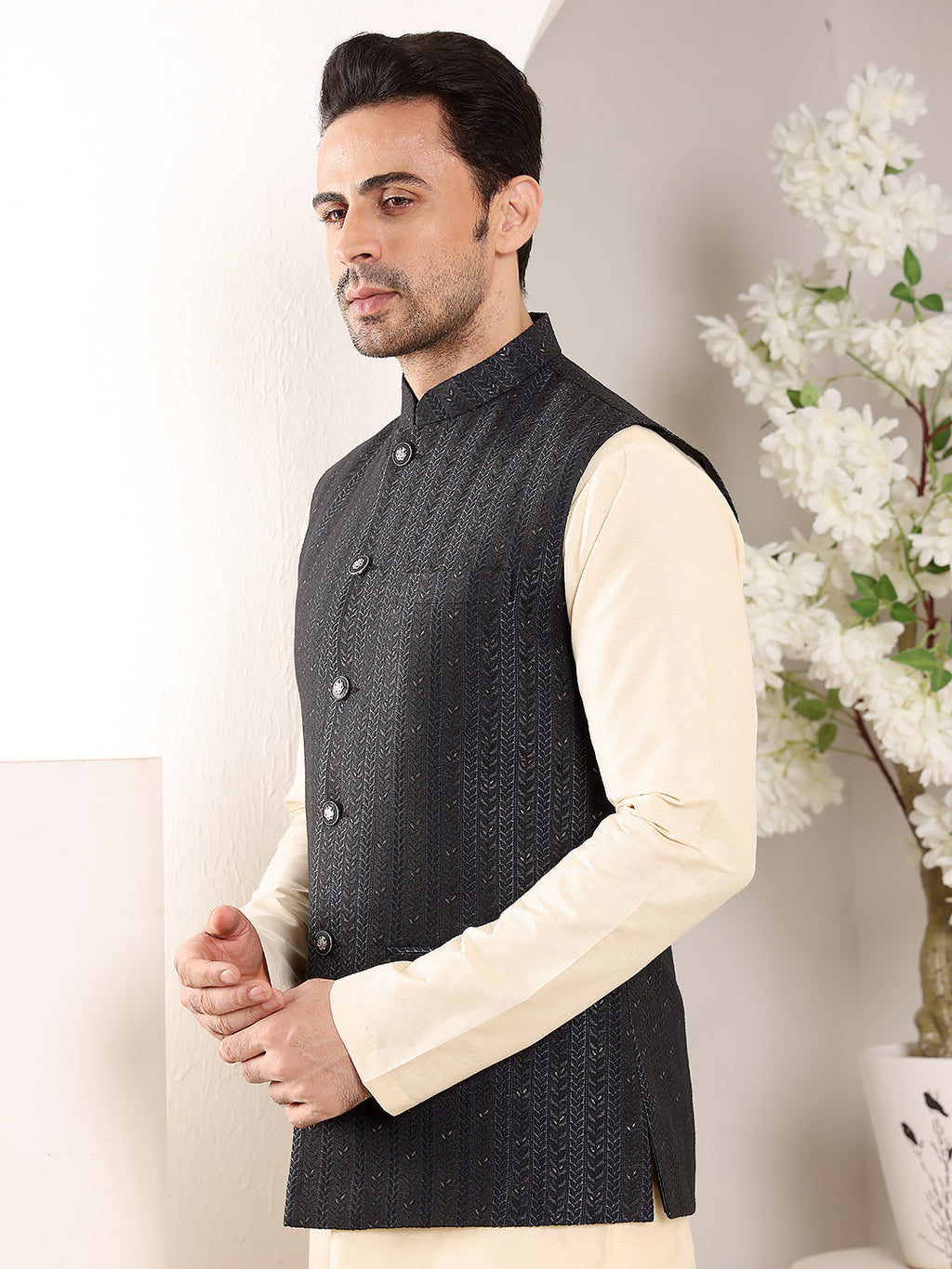 MULTI SHADES Men's Woven Design Black Embroidered Nehru Jacket | Grocsy