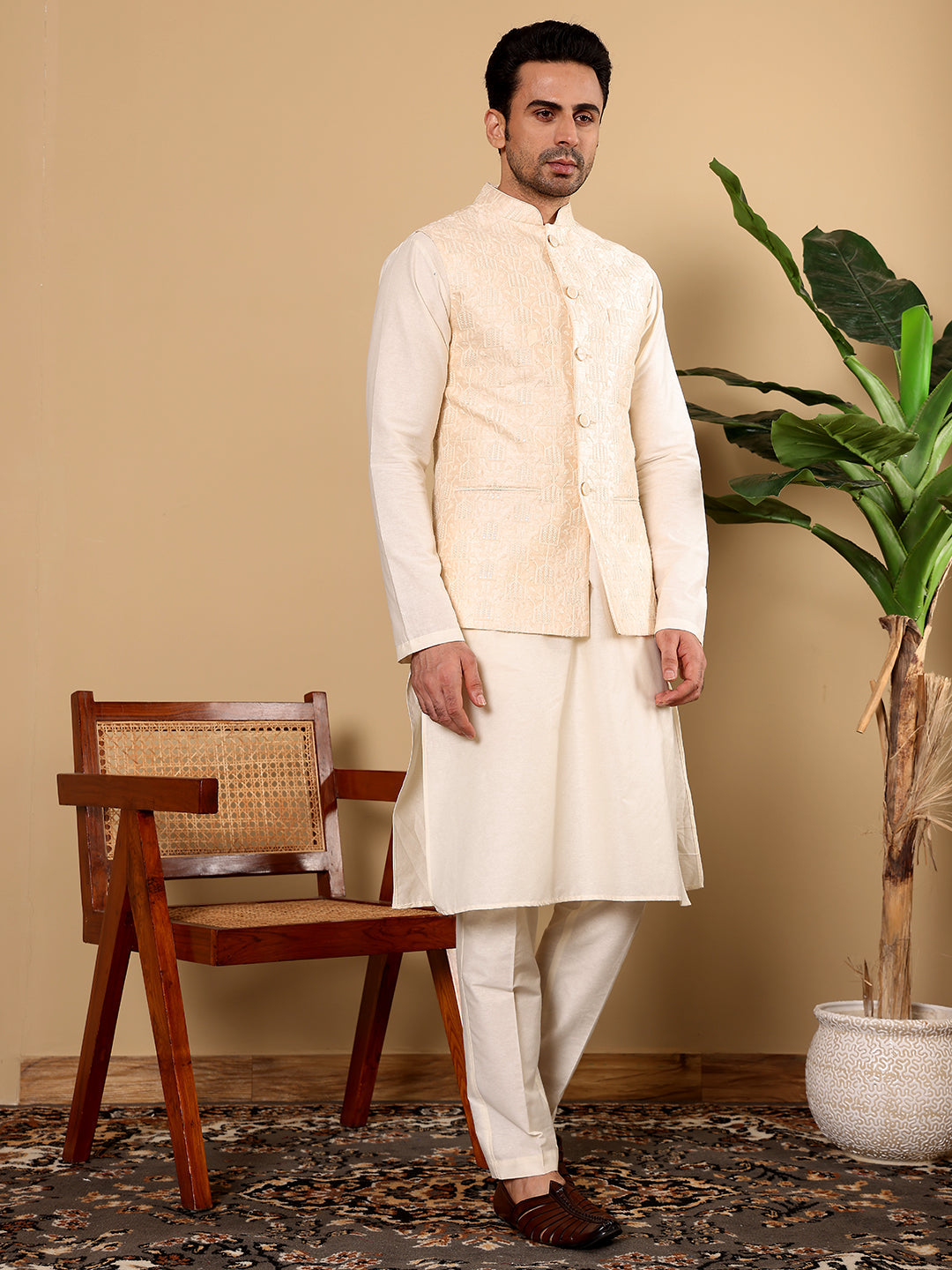 MULTI SHADES Men's Woven Design Cream Embroidered Nehru Jacket | Grocsy