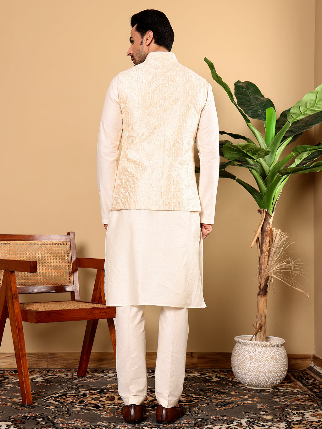 MULTI SHADES Men's Woven Design Cream Embroidered Nehru Jacket | Grocsy