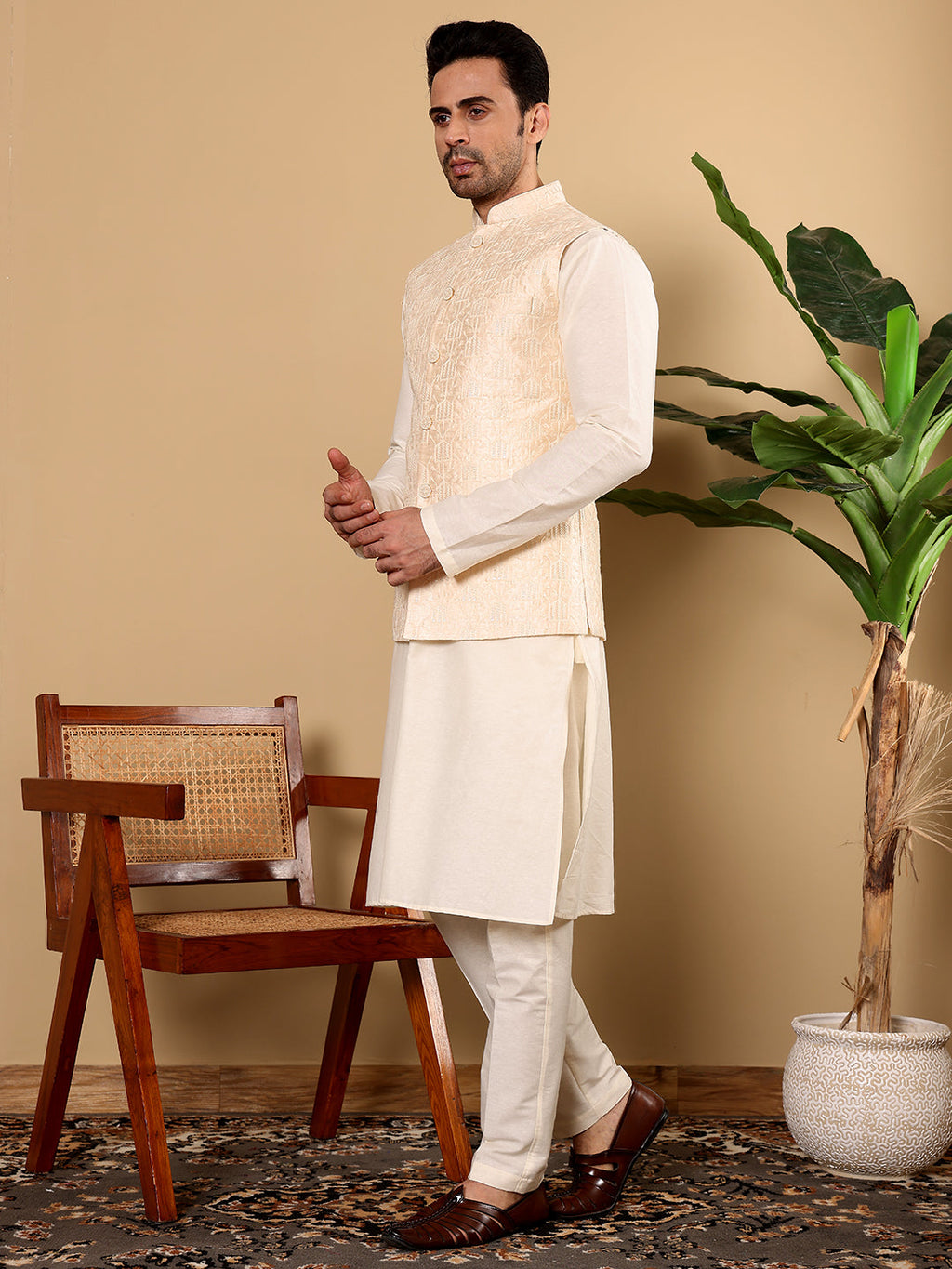 MULTI SHADES Men's Woven Design Cream Embroidered Nehru Jacket | Grocsy