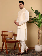 MULTI SHADES Men's Woven Design Cream Embroidered Nehru Jacket | Grocsy