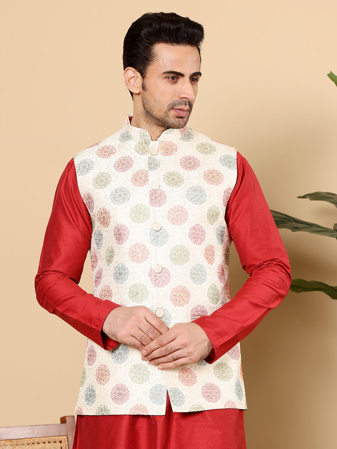 MULTI SHADES Men's Woven Design White Embroidered Nehru Jacket | Grocsy