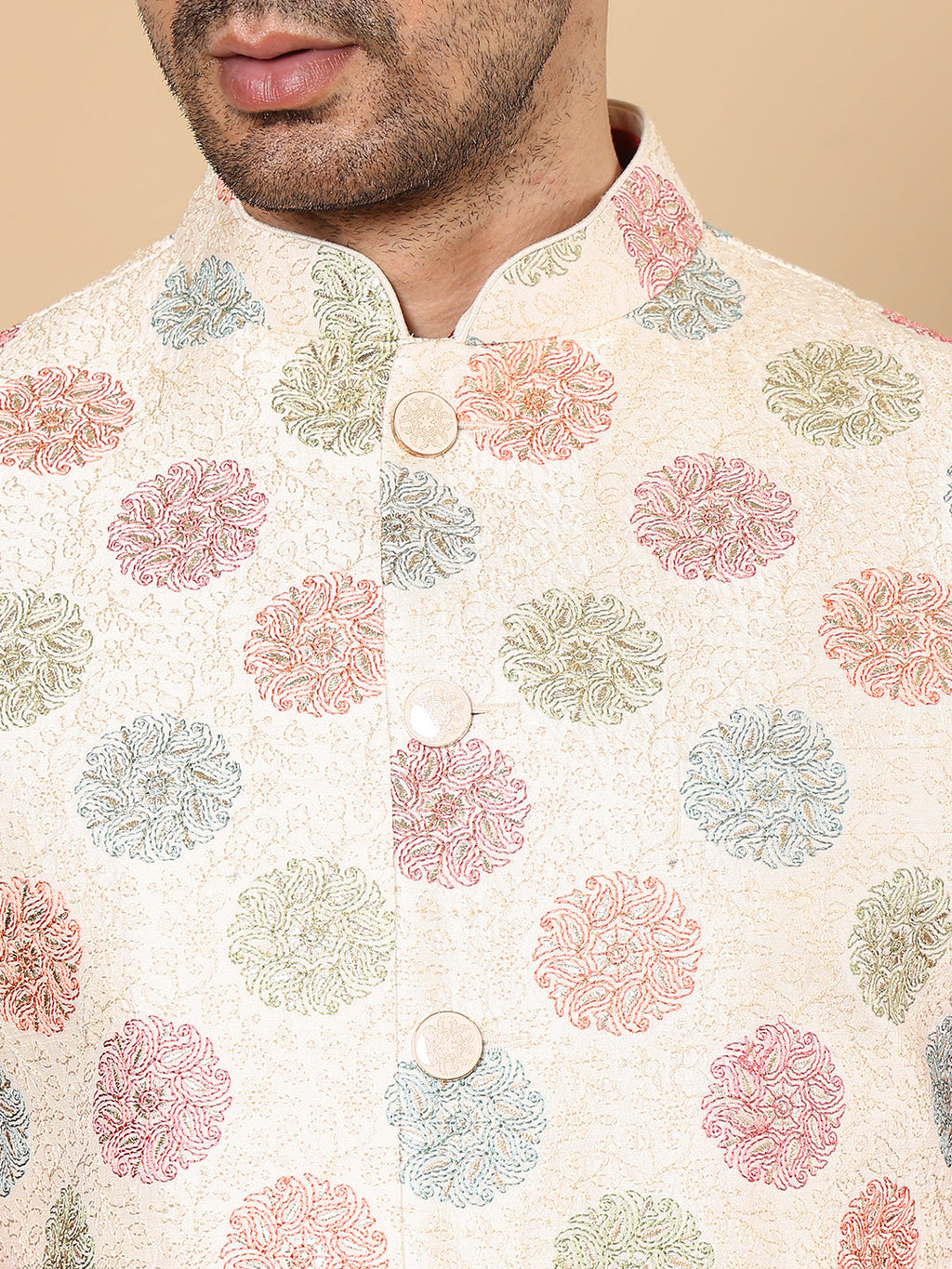 MULTI SHADES Men's Woven Design White Embroidered Nehru Jacket | Grocsy