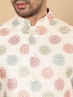 MULTI SHADES Men's Woven Design White Embroidered Nehru Jacket | Grocsy