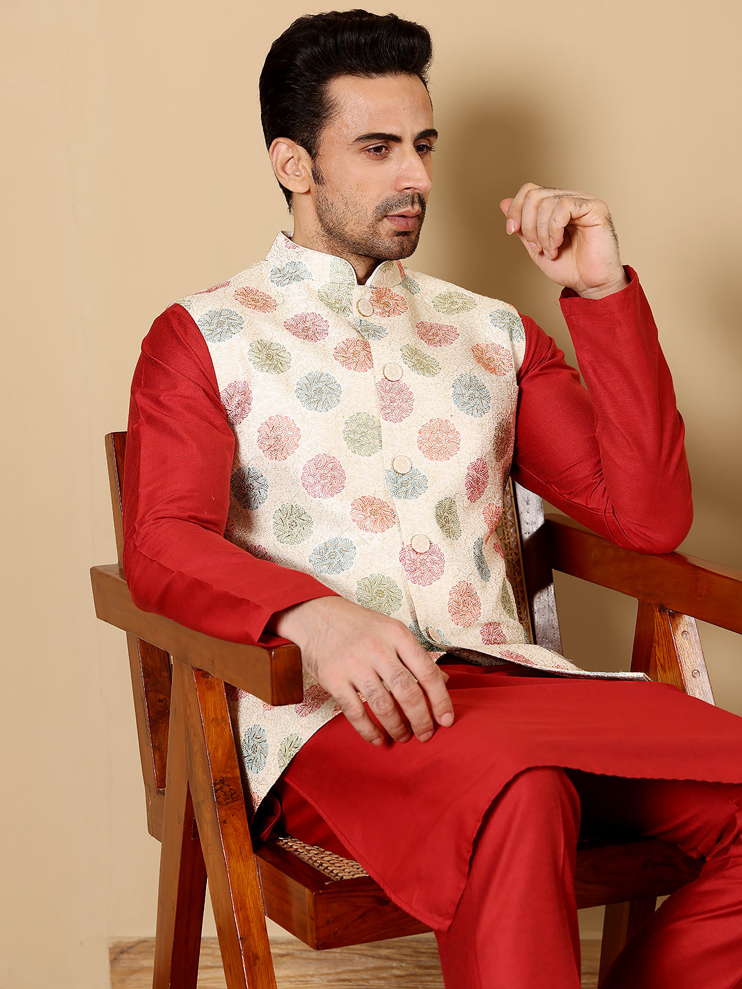 MULTI SHADES Men's Woven Design White Embroidered Nehru Jacket | Grocsy