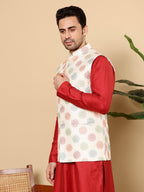 MULTI SHADES Men's Woven Design White Embroidered Nehru Jacket | Grocsy