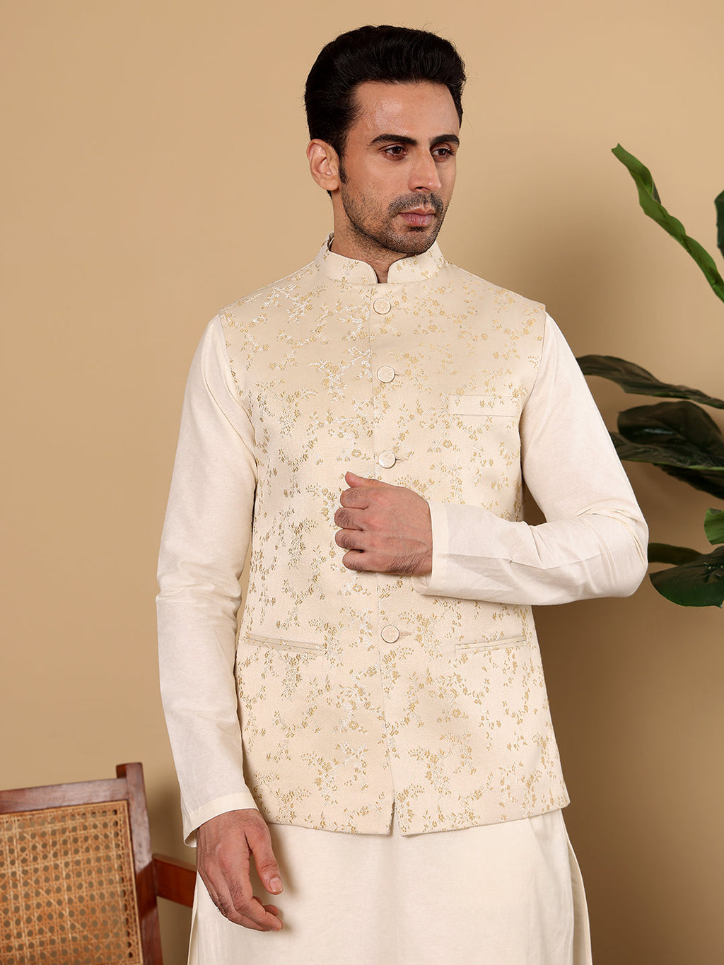 MULTI SHADES Men's Woven Design Cream Embroidered Nehru Jacket | Grocsy