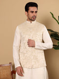 MULTI SHADES Men's Woven Design Cream Embroidered Nehru Jacket | Grocsy