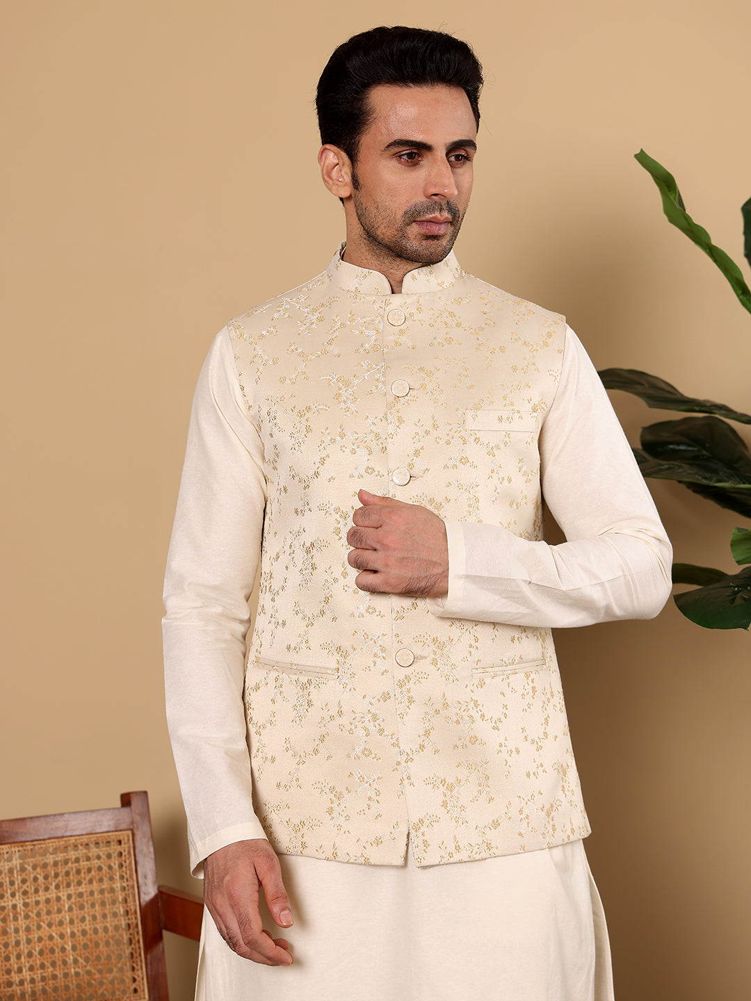 MULTI SHADES Men's Woven Design Cream Embroidered Nehru Jacket | Grocsy