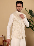 MULTI SHADES Men's Woven Design Cream Embroidered Nehru Jacket | Grocsy