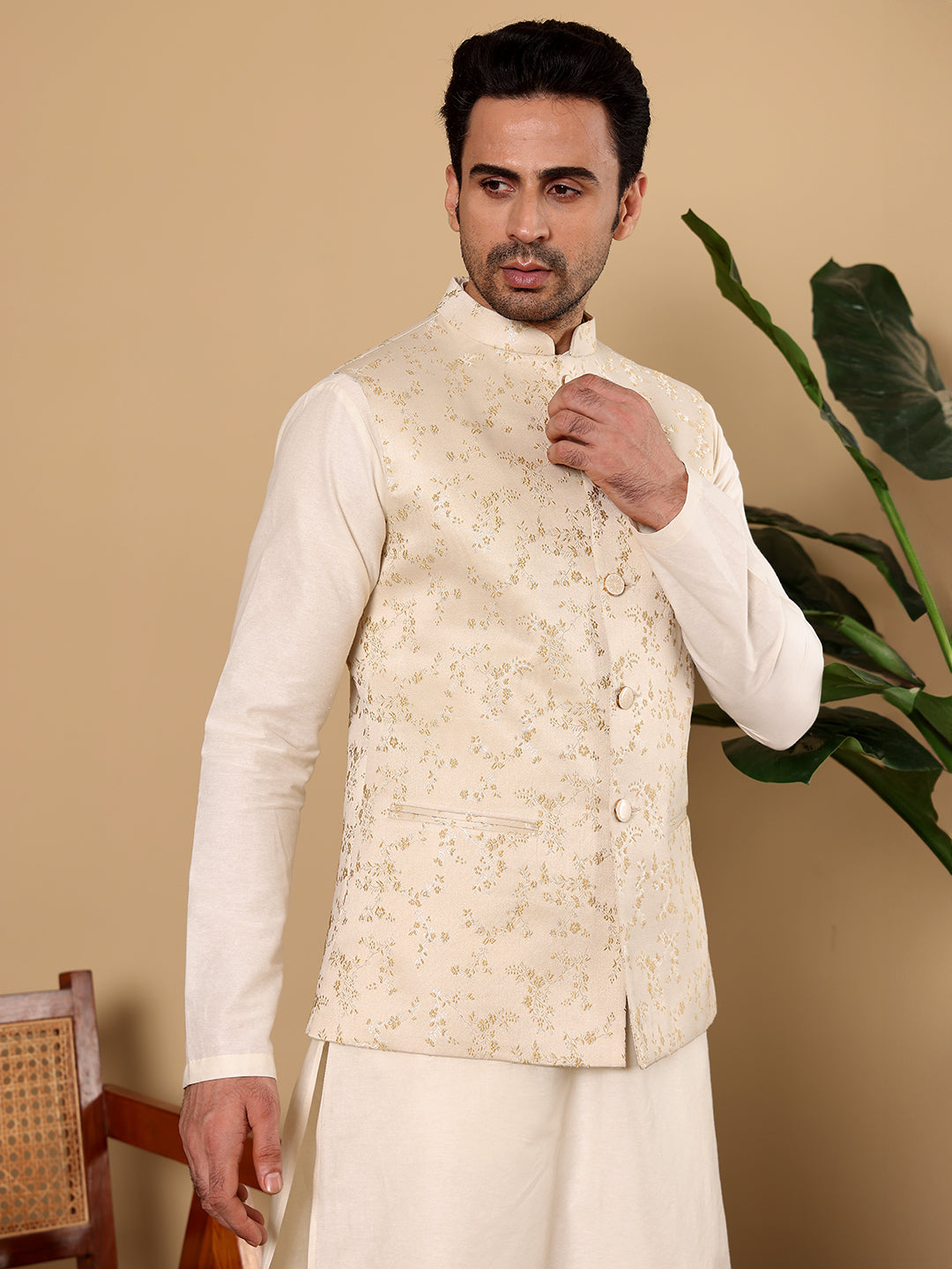 MULTI SHADES Men's Woven Design Cream Embroidered Nehru Jacket | Grocsy