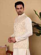 MULTI SHADES Men's Woven Design Cream Embroidered Nehru Jacket | Grocsy