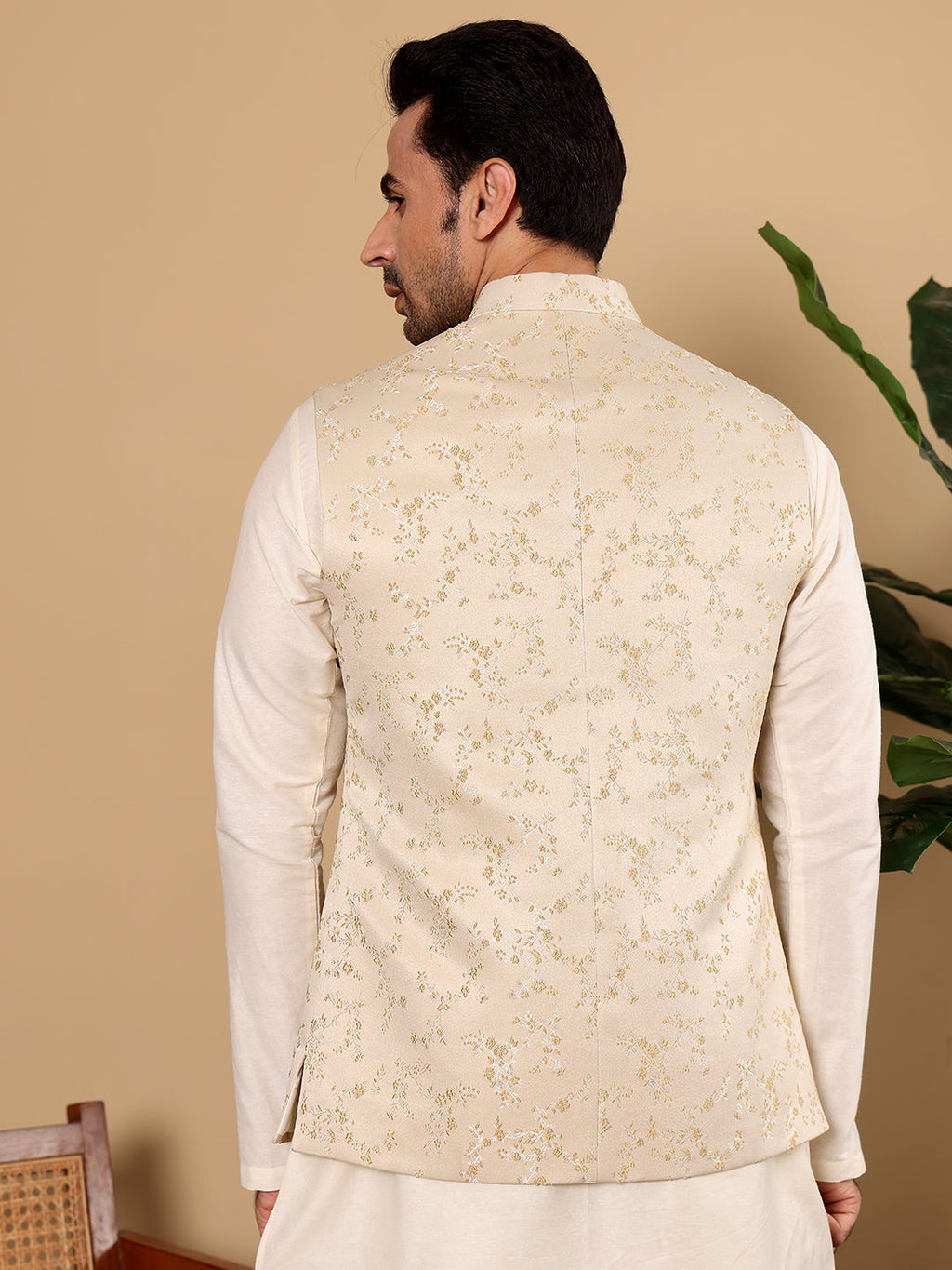 MULTI SHADES Men's Woven Design Cream Embroidered Nehru Jacket | Grocsy