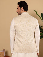 MULTI SHADES Men's Woven Design Cream Embroidered Nehru Jacket | Grocsy