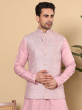 MULTI SHADES Men's Woven Design Pink Embroidered Nehru Jacket | Grocsy