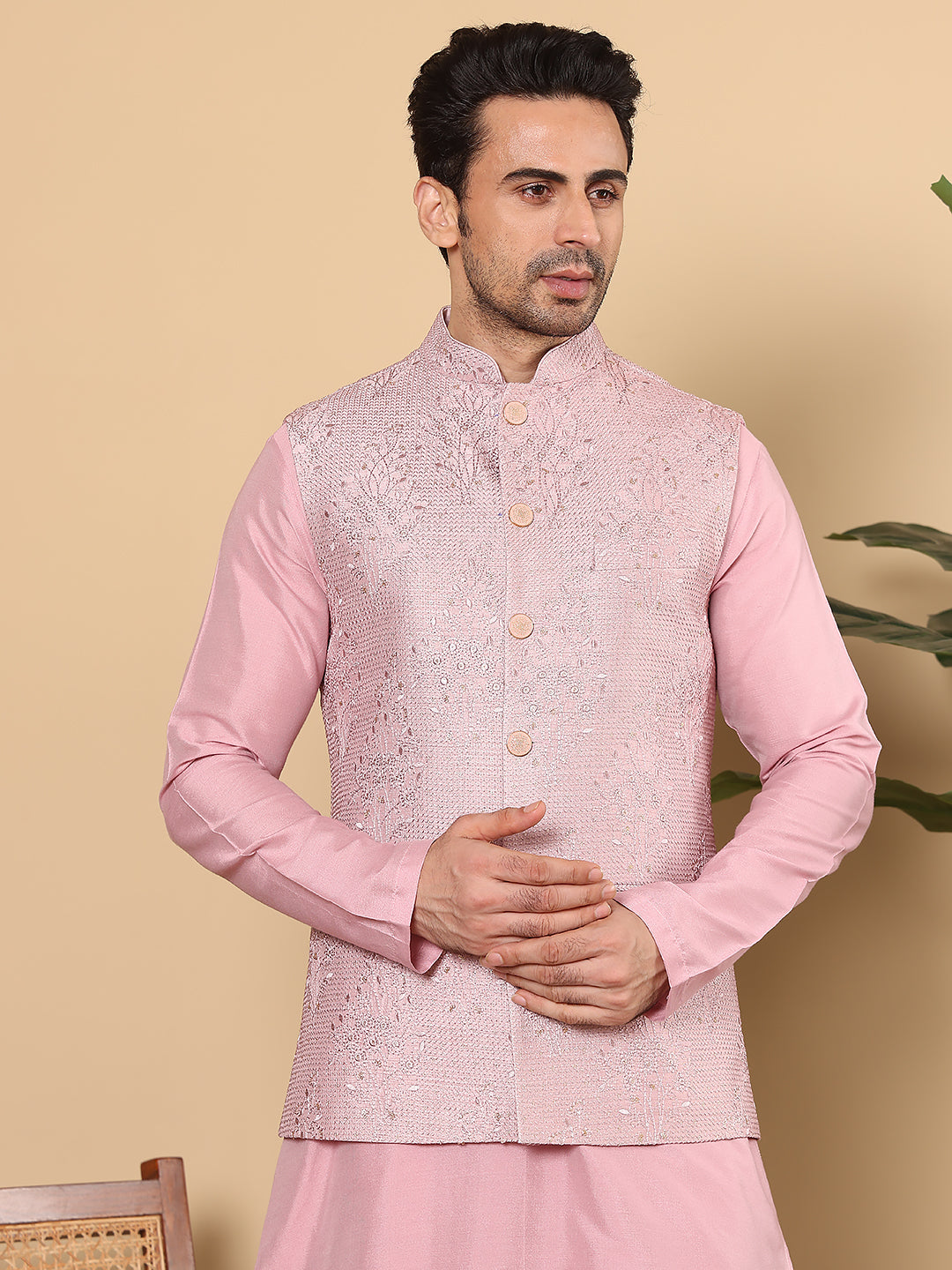 MULTI SHADES Men's Woven Design Pink Embroidered Nehru Jacket | Grocsy