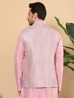 MULTI SHADES Men's Woven Design Pink Embroidered Nehru Jacket | Grocsy