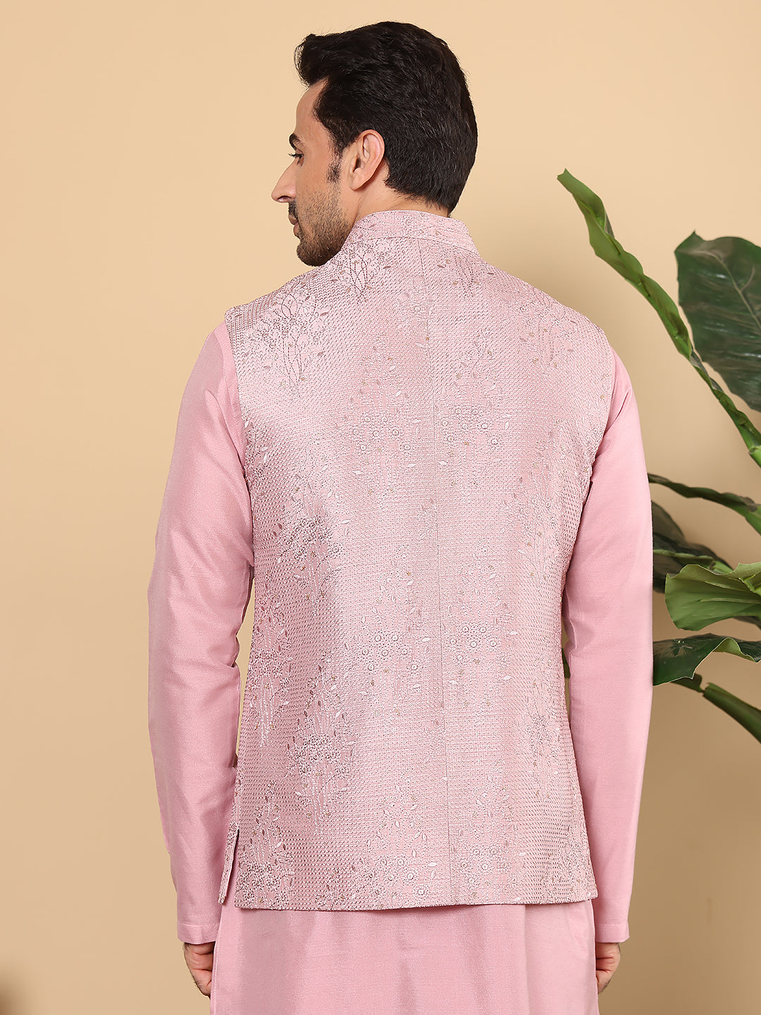 MULTI SHADES Men's Woven Design Pink Embroidered Nehru Jacket | Grocsy
