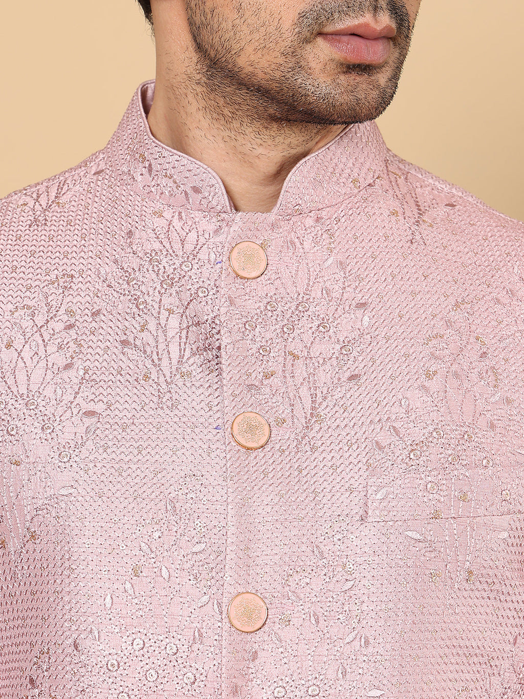 MULTI SHADES Men's Woven Design Pink Embroidered Nehru Jacket | Grocsy