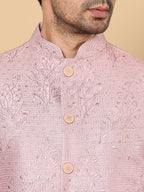 MULTI SHADES Men's Woven Design Pink Embroidered Nehru Jacket | Grocsy