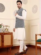 MULTI SHADES Men's Woven Design Black And White Embroidered Nehru Jacket | Grocsy