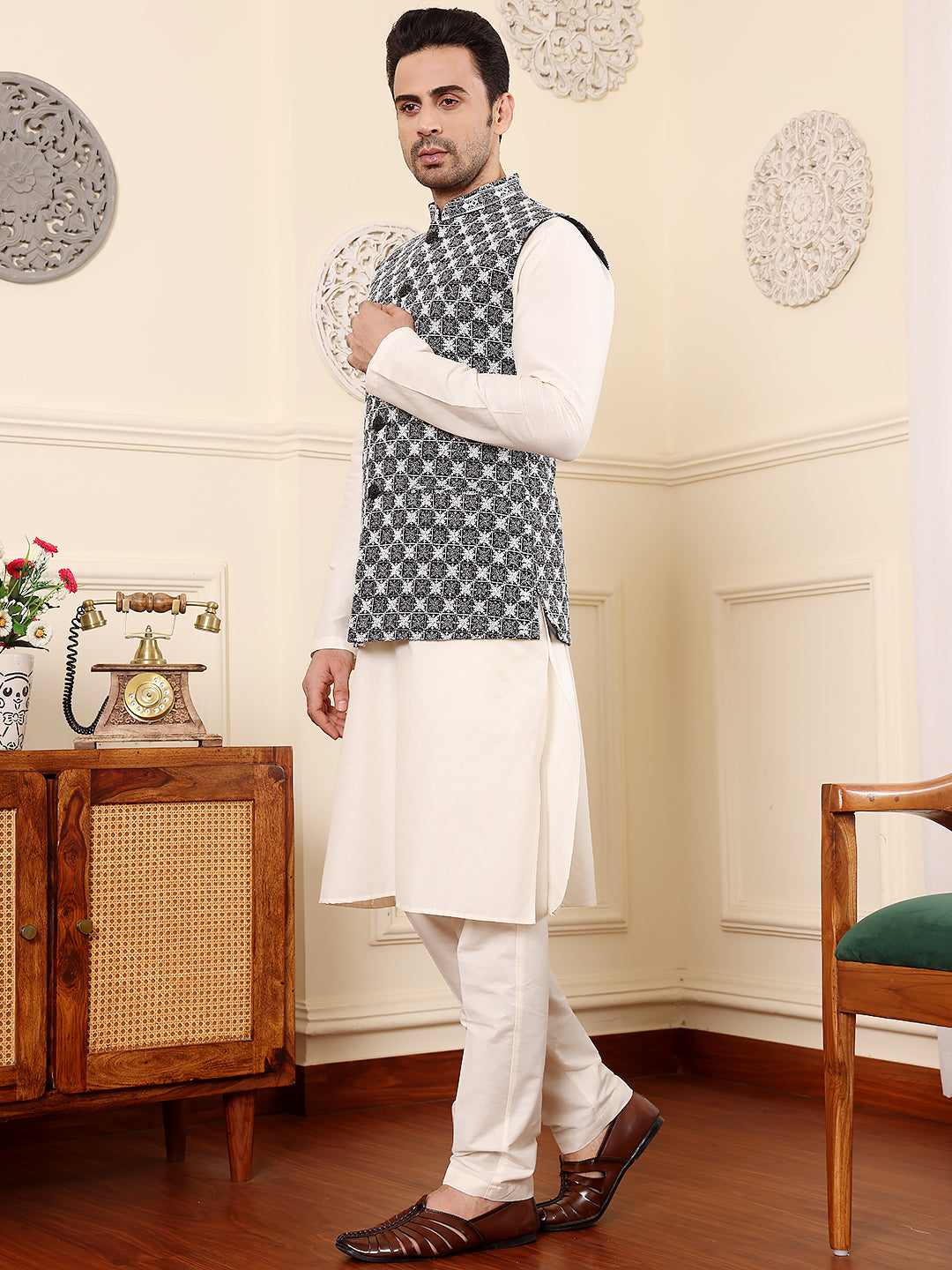 MULTI SHADES Men's Woven Design Black And White Embroidered Nehru Jacket | Grocsy