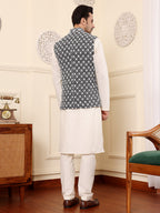 MULTI SHADES Men's Woven Design Black And White Embroidered Nehru Jacket | Grocsy