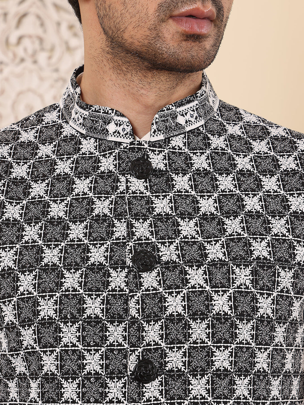 MULTI SHADES Men's Woven Design Black And White Embroidered Nehru Jacket | Grocsy