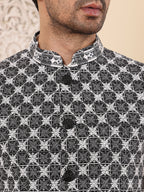 MULTI SHADES Men's Woven Design Black And White Embroidered Nehru Jacket | Grocsy