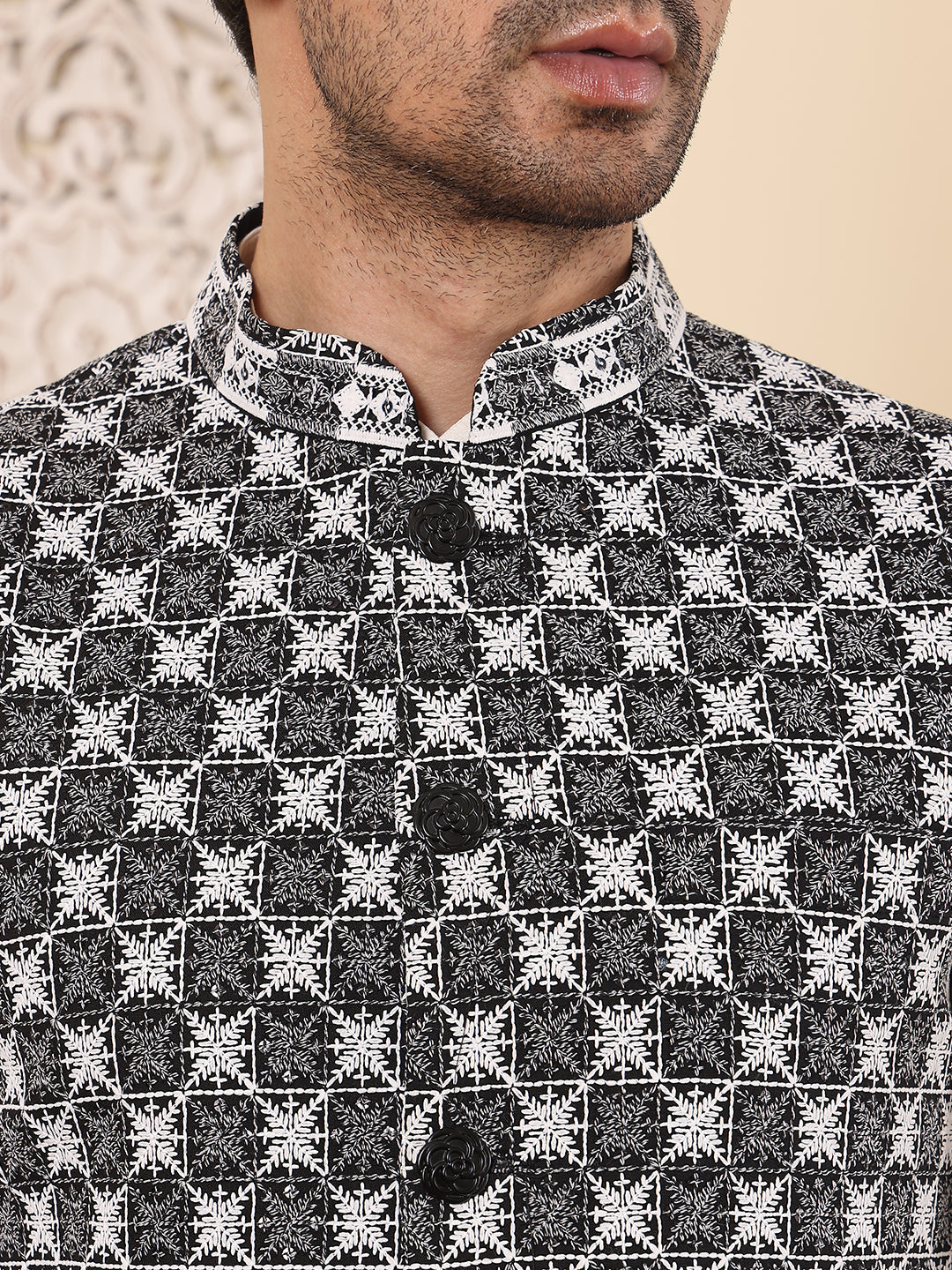 MULTI SHADES Men's Woven Design Black And White Embroidered Nehru Jacket | Grocsy